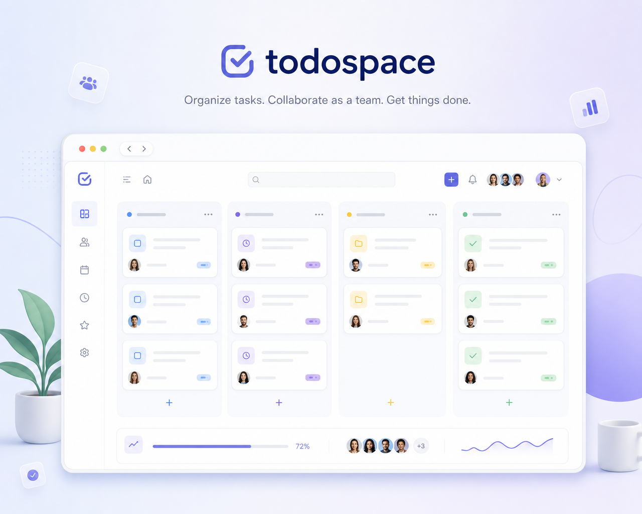 todospace board view with columns for tasks